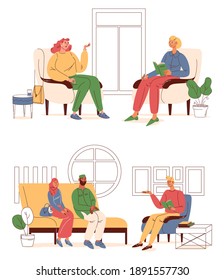 People during psychotherapist consultation session. Vector vibrant characters talking in cozy interiors