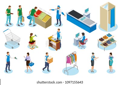 People during shopping isometric icons with trade equipment, sellers, vegetables, clothing and shoes isolated vector illustration 