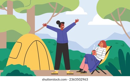 Gente durante sus vacaciones viajando con carpas en el bosque o en el camping, ilustración vectorial de caricatura plana. El ecoturismo y el turismo local en el concepto de banner natural.