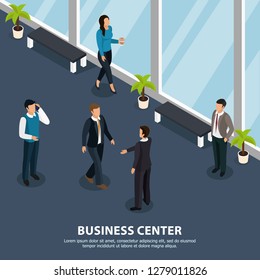 People during various activity in hallway of business center isometric vector illustration