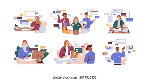 People during work calls, online consultations of support services and business communication in company. Operators in headsets talk with customers. Flat graphic vector illustrations isolated on white