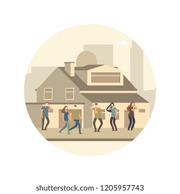 People in dust mask in the big city vector concept illustration