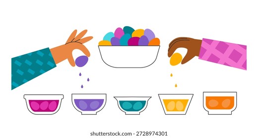 As pessoas pintam ovos de páscoa juntas. Celebração tradicional da primavera. Pintura de cores vibrantes,