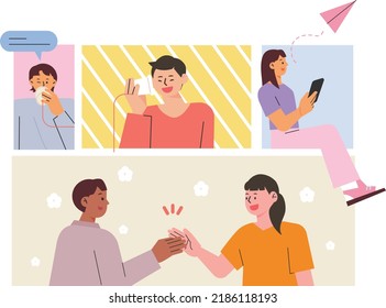 People In Each Section. People Making Paper Cup Phone Calls. A Person Who Flies A Paper Airplane. People You Meet And Shake Hands With. Flat Design Style Vector Illustration.