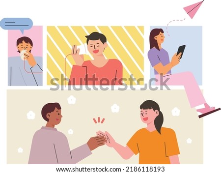 people in each section. People making paper cup phone calls. A person who flies a paper airplane. People you meet and shake hands with. flat design style vector illustration.