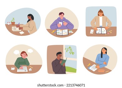 People are each writing a New Year's plan diary. People decorating diaries with stickers and notes. flat vector illustration.