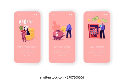 People Earn Money Mobile App Page Onboard Screen Template. Tiny Characters with Huge Piggy Bank, Calculator and Cash, Make Savings, Earning and Payments, Wealth Concept. Cartoon Vector Illustration