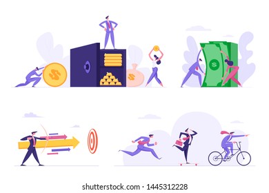 People Earn Save Money, Business Competition, Challenge, targeting Set. Businessman at Safe with Golden Dollars, Bills, Man Shoot to Target, Characters Run and Biking Cartoon Flat Vector Illustration