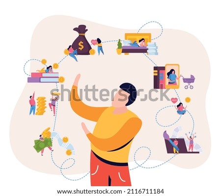 People earning money flat background composition of isolated images of activities around faceless character of man vector illustration