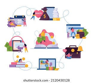 People earning money flat composition with round timeline of isolated conceptual images connected with dashed line vector illustration