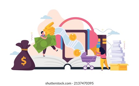 People earning money flat composition with human characters coins banknotes with baby stroller and education supplies vector illustration