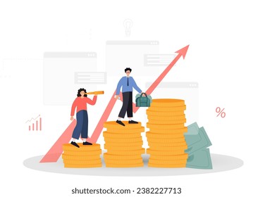 People earning money in internet, online money transfer, payments, money savings, freelance work concept, flat vector illustration