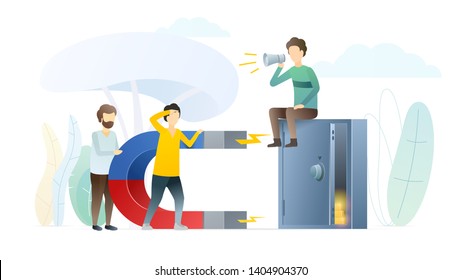 People earning money metaphor flat illustration. Magnet near cash-box with gold coins. Man, expert informing about financial opportunities. Workers, employees increasing income from bank deposit.