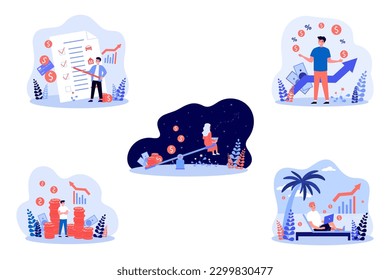 People earning money passively vector illustrations set. Cartoon drawing of men and women with financial freedom and growth, success and investment. Passive income, finances, investment concept