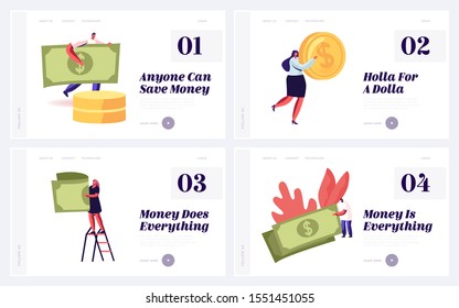 People Earning Saving Money Website Landing Page Set. Tiny Male and Female Characters with Huge Dollar Coin and Banknote. Banking Investment Finance Web Page Banner. Cartoon Flat Vector Illustration