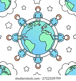 People with Earth and Business Process Refinement concept as A group of people refining business processes with an earth model set against a dreamy background offering ample space for text or graphics symbolizing the seamless integration of creativity global strategy and business processes. in Photo Stock Concept , copy space for advertisement or banner with high Quality Detail --ar 9:16