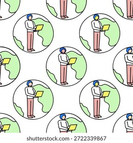 Pessoas com o conceito de Análise de Fluxo de Trabalho da Terra e dos Negócios como um grupo de pessoas que analisam fluxos de trabalho de negócios com um modelo terrestre definido em relação a um fundo sonhador, oferecendo amplo espaço para texto ou gráficos que simbolizam a integração perfeita da estratégia global de criatividade e processos de negócios.