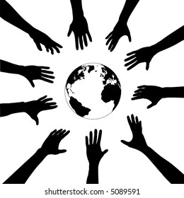 People & Earth: A circle of human hands reach out to a silhouette of the globe.