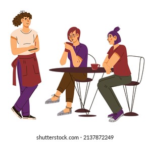 People eat in a cafe or restaurant and a waitress serves them, cartoon flat vector illustration isolated on white background.