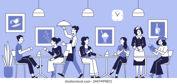 People eat and chat at tables in a restaurant. Vector illustration of a catering establishment.