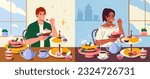 People eat desserts. Happy characters sitting at table and eating sweets and cakes, buns and croissants, drink tea and coffee. Breakfast, snack, holiday food concept. Cartoon flat vector illustration