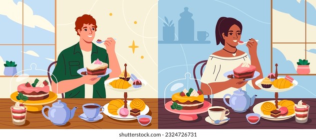 People eat desserts. Happy characters sitting at table and eating sweets and cakes, buns and croissants, drink tea and coffee. Breakfast, snack, holiday food concept. Cartoon flat vector illustration
