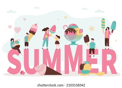 People eat different summer frozen desserts. Mom and daughter enjoy fruit ice with watermelon flavor. Little boy eating popsicle. Cute woman eats delicious gelato in cup. Flat vector illustration