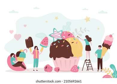 People eat different summer frozen desserts. Group of young adults enjoy ice creams. Happy woman eating popsicle. Handsome man eats delicious gelato. Yummy sweet food. Flat vector illustration