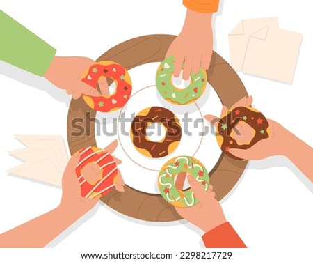 People eat donuts. Hands take multicolored dessert and delicacy, sweets. Fast food and sugar and flour products. Friends and students in cafe, lunch break. Cartoon flat vector illustration