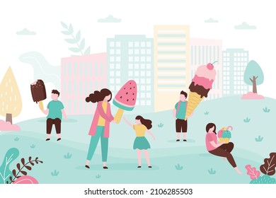 People eat and enjoy frozen desserts in park. Mom bought daughter popsicles with watermelon flavor. Schoolboy eats delicious ice cream in waffle cone. Summertime pastime. Flat vector illustration