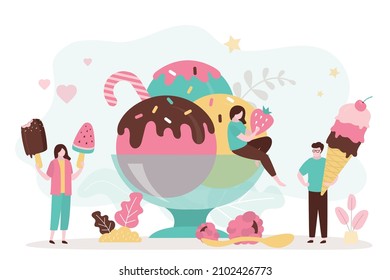 People eat and enjoy summer frozen desserts. Ice cream balls with different flavors in cup. Large gelato garnished with sprinkles and syrup. Girl bought fruit ice popsicles. Flat vector illustration