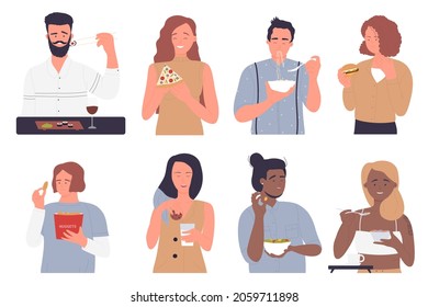 People eat fast food set vector illustration. Cartoon hungry woman characters eating fastfood snacks on lunch or breakfast, sushi pizza noodles burger nuggets cookies cereal salad isolated on white