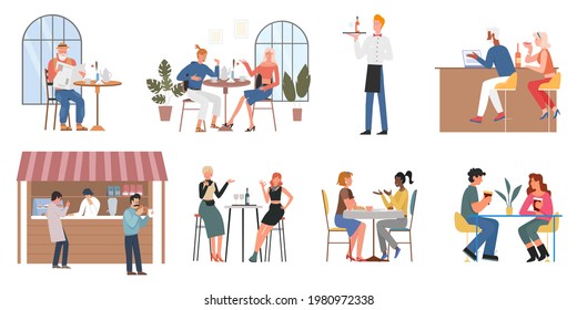 People eat food, drink coffee vector illustration set. Cartoon couple or friends characters eating together, sitting at restaurant bar cafe, waiter holding tray with wine bottle isolated on white