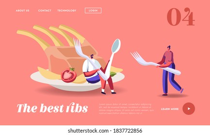 People Eat Food Landing Page Template. Tiny Characters At Huge Plate With Ribs Meal. Man With Spoon And Fork Eating Barbecue Spareribs Dish In Grill Bar Or Steak House. Cartoon Vector Illustration