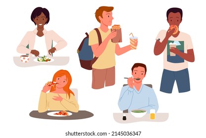 People eat food set vector illustration. Cartoon hungry male and female characters drink coffee, person eating fastfood snacks, delicious pizza and salad, sweet dessert isolated on white. concept