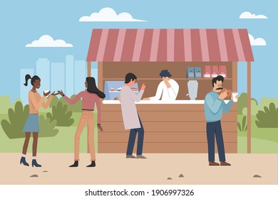 People eat food from street market stall of pastry shop vector illustration. Cartoon man woman characters eating desserts food and drinking hot drinks, confectionery marketplace kiosk background