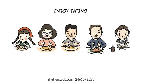 people eat food at table for breakfast, lunch or dinner, hand drawn vector illustration.