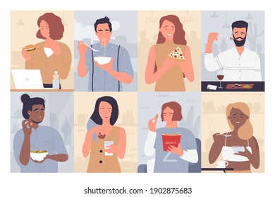 People Eat Food Vector Illustration Set. Cartoon Young Happy Man Woman Enjoying Meals And Dishes Collection, Hungry Characters Eating Burger Noodles Sushi Pizza Salad Cookies Nuggets Breakfast Cereals