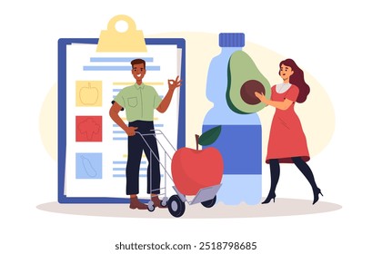 Las Personas consumen alimentos saludables. Hombre y mujer con aguacate y botella de agua cerca del portapapeles. Dieta adecuada y nutrición con vitaminas. Ilustración vectorial plana aislada sobre fondo blanco