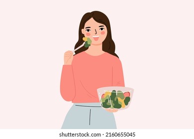 people eat healthy food salad bowl cartoon illustration