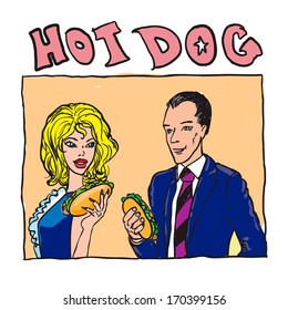 people eat a hotdog. comix style