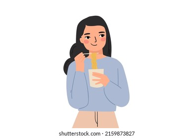 people eat instant noodle cup cartoon illustration