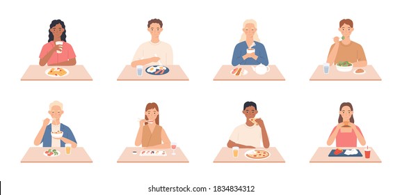 People eat. Men and women eating delicious meals, friends sit at table in restaurant, cafe and eat different tasty vector set. Woman and man eating food, delicious lunch or dinner illustration