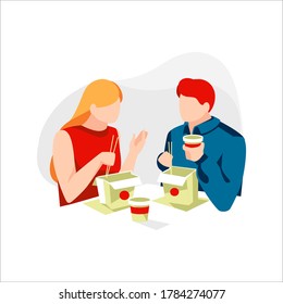 People eat noodle or ramen instant with chopstick. Men and women having lunch in street food cafe. Cartoon characters try traditional chinese food and have conversation. Flat vector illustration