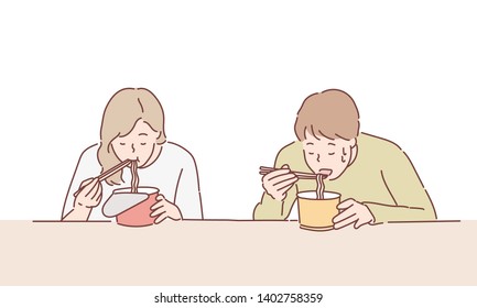 People eat noodle/ramen instant with chopstick. Hand drawn style vector design illustrations.