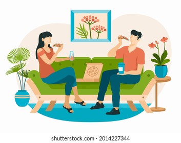 People eat pizza on interior sofa. Male and female character eating at home. Painting with flowers on wall in boho style and house plants in pots scandinavian design. Vector flat illustration