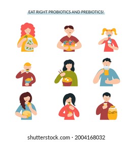 People eat probiotics and prebiotics. A set of men, women and children who eat healthy food for the gut. People lead a healthy lifestyle. Fermented foods for microflora. 
