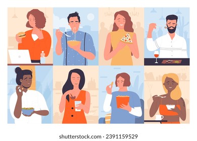 People eat set vector illustration. Cartoon hungry male and female characters eating fast or healthy food at table in restaurant, home or office workplace, happy young woman and man bite snacks