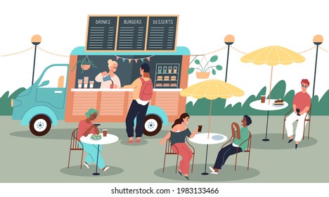 People eat street food. Happy visitors summer mobile cafe, coffee shop wheels, hipster drink truck, tables near van. Burgers and dessert menu. Men and woman meal outdoors vector concept