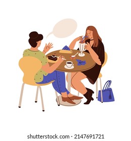 People eat at a table in a restaurant. Two women are eating dessert and talking. Fast food, cafeterias of the food court in the mall, communication. Vector illustration in cartoon style. Isolated. 